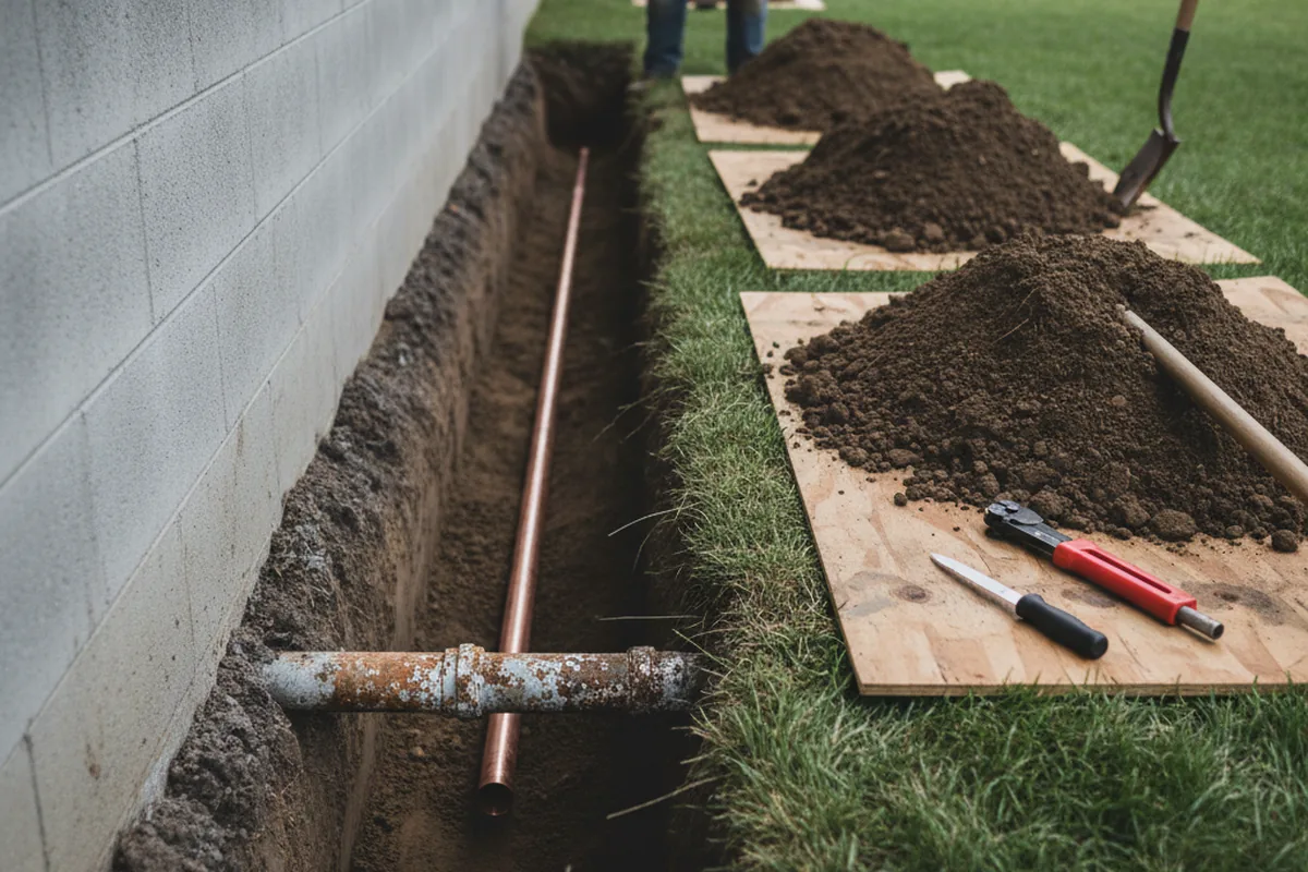 Excavated water line trench during Sewer Line Repair in Upperstrasburg